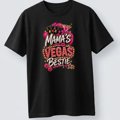 Neon print of Mama's Vegas Bestie with playing cards, cocktail, and dice