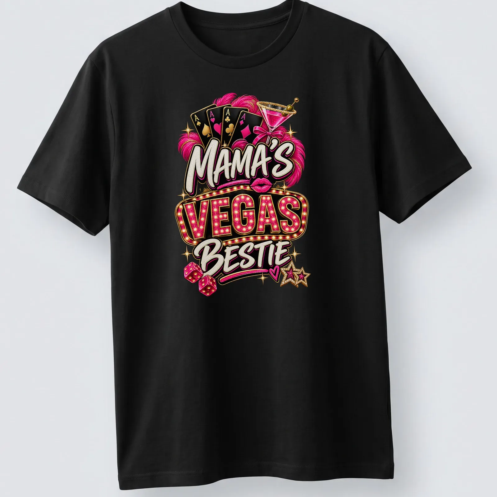 Neon print of Mama's Vegas Bestie with playing cards, cocktail, and dice — printed on a unisex t-shirt
