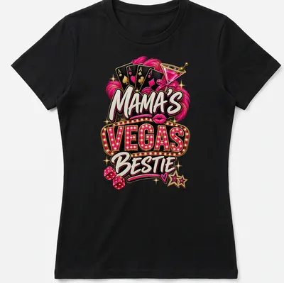 Neon print of Mama's Vegas Bestie with playing cards, cocktail, and dice — printed on a women's shirt