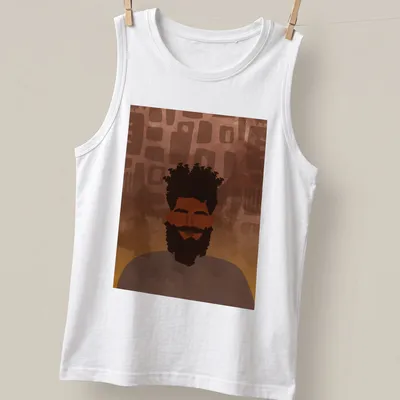 Abstract artistic male portrait t-shirt in brown, orange, and black — printed on a tank top