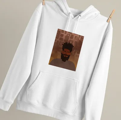 Abstract artistic male portrait t-shirt in brown, orange, and black — printed on a unisex hoodie