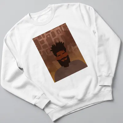 Abstract artistic male portrait t-shirt in brown, orange, and black — printed on a unisex sweatshirt