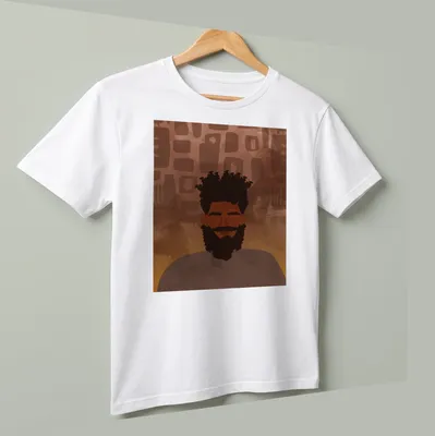 Abstract artistic male portrait t-shirt in brown, orange, and black — printed on a unisex t-shirt (angled view)