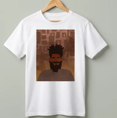 Abstract artistic male portrait t-shirt in brown, orange, and black