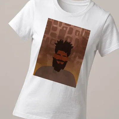 Abstract artistic male portrait t-shirt in brown, orange, and black — printed on a women's shirt