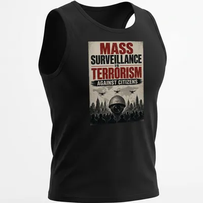 Vintage distressed t-shirt featuring surveillance cameras and drones with bold text — printed on a tank top