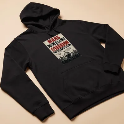 Vintage distressed t-shirt featuring surveillance cameras and drones with bold text — printed on a unisex hoodie