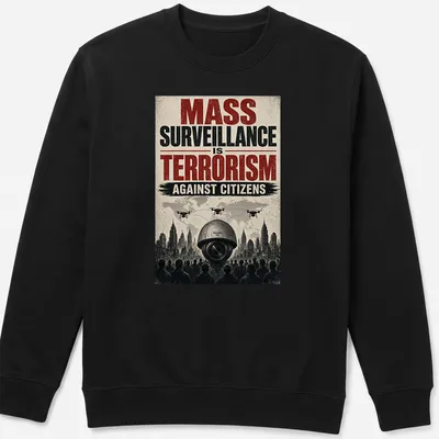 Vintage distressed t-shirt featuring surveillance cameras and drones with bold text — printed on a unisex sweatshirt