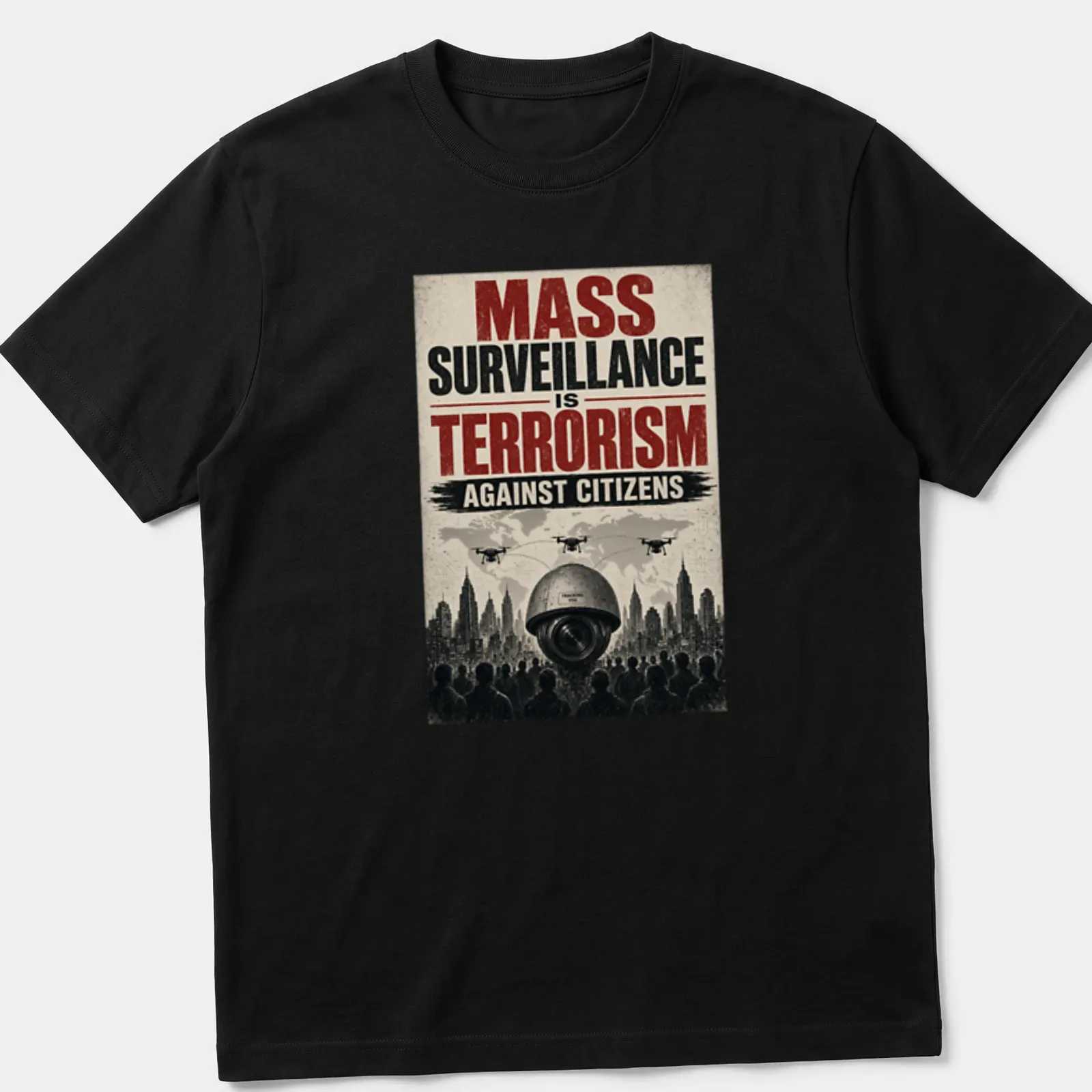 Vintage distressed t-shirt featuring surveillance cameras and drones with bold text — printed on a unisex t-shirt