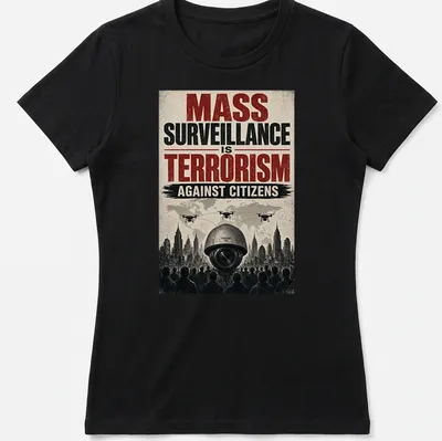 Vintage distressed t-shirt featuring surveillance cameras and drones with bold text — printed on a women's shirt