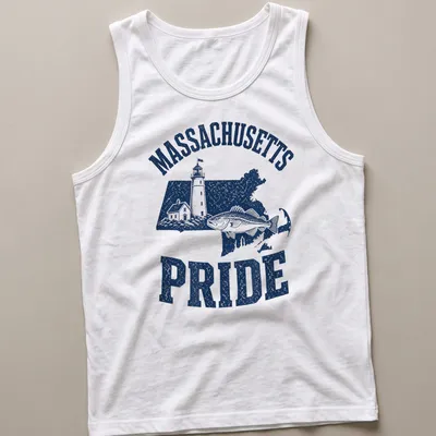 Vintage distressed Massachusetts Pride t-shirt with a lighthouse and cod fish illustration — printed on a tank top