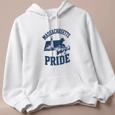 Vintage distressed Massachusetts Pride t-shirt with a lighthouse and cod fish illustration — printed on a unisex hoodie