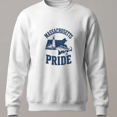 Vintage distressed Massachusetts Pride t-shirt with a lighthouse and cod fish illustration — printed on a unisex sweatshirt