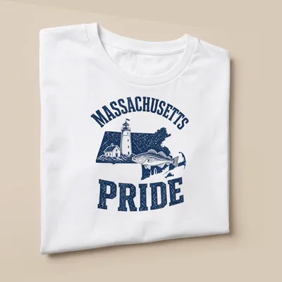 Vintage distressed Massachusetts Pride t-shirt with a lighthouse and cod fish illustration — printed on a unisex t-shirt (angled view)
