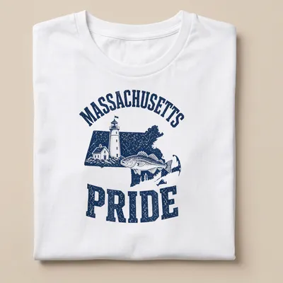 Vintage distressed Massachusetts Pride t-shirt with a lighthouse and cod fish illustration