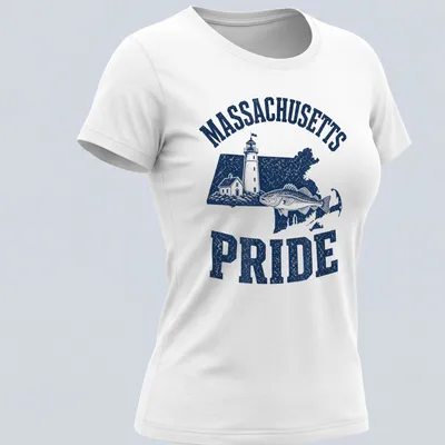 Vintage distressed Massachusetts Pride t-shirt with a lighthouse and cod fish illustration — printed on a women's shirt