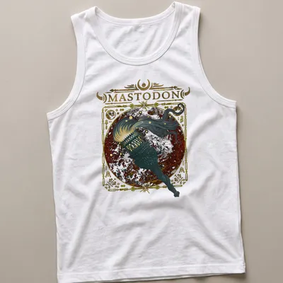 Vintage ornate Mastodon t-shirt with torch and flowing hair in gold and black — printed on a tank top