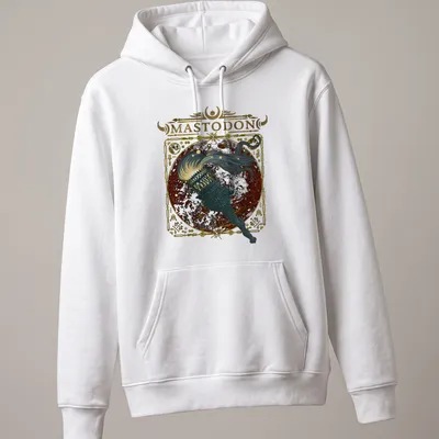 Vintage ornate Mastodon t-shirt with torch and flowing hair in gold and black — printed on a unisex hoodie