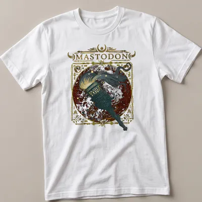 Vintage ornate Mastodon t-shirt with torch and flowing hair in gold and black