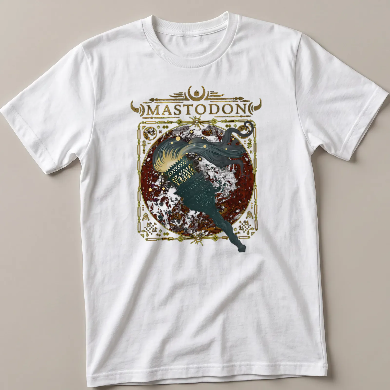 Vintage ornate Mastodon t-shirt with torch and flowing hair in gold and black — printed on a unisex t-shirt