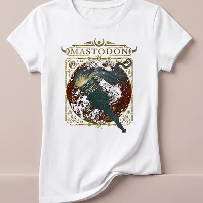 Vintage ornate Mastodon t-shirt with torch and flowing hair in gold and black — printed on a women's shirt