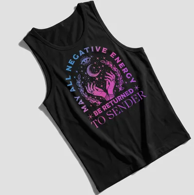 Gradient pastel T-shirt with mystical hands and text about returning negative energy — printed on a tank top