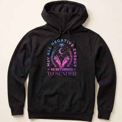 Gradient pastel T-shirt with mystical hands and text about returning negative energy — printed on a unisex hoodie