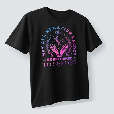 Gradient pastel T-shirt with mystical hands and text about returning negative energy — printed on a unisex t-shirt (angled view)