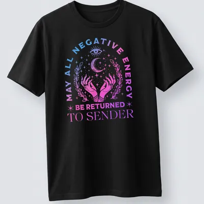 Gradient pastel T-shirt with mystical hands and text about returning negative energy