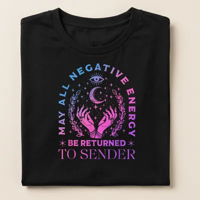 Gradient pastel T-shirt with mystical hands and text about returning negative energy — printed on a women's shirt