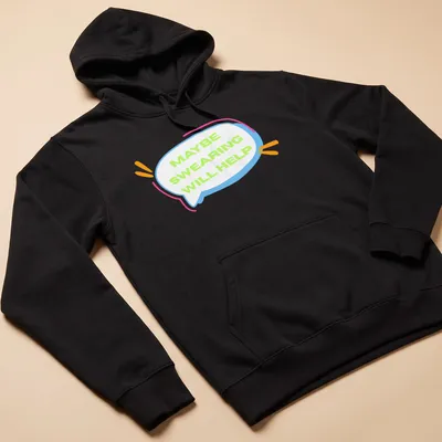 Playful cartoon t-shirt featuring a speech bubble with the phrase Maybe Swearing Will Help. — printed on a unisex hoodie