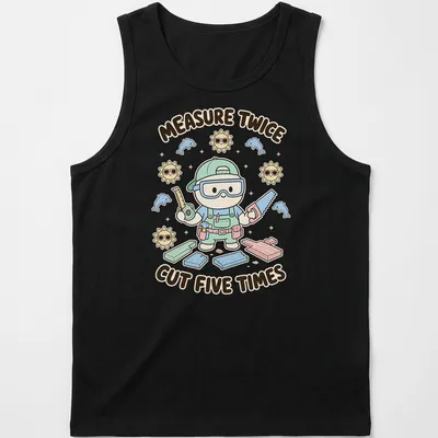 Cute kawaii carpenter character with pastel colors and humorous text — printed on a tank top