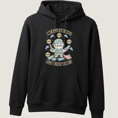 Cute kawaii carpenter character with pastel colors and humorous text — printed on a unisex hoodie