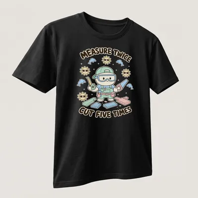Cute kawaii carpenter character with pastel colors and humorous text — printed on a unisex t-shirt (angled view)