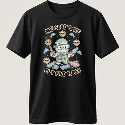 Cute kawaii carpenter character with pastel colors and humorous text