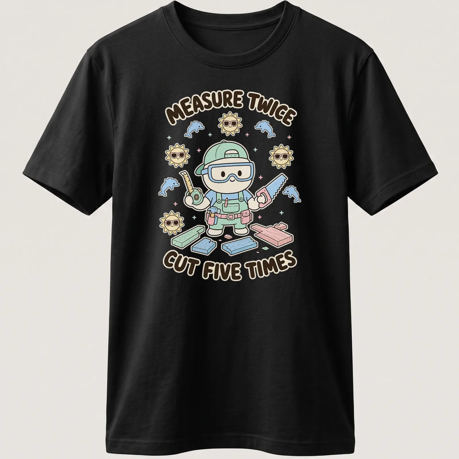 Cute kawaii carpenter character with pastel colors and humorous text — printed on a unisex t-shirt