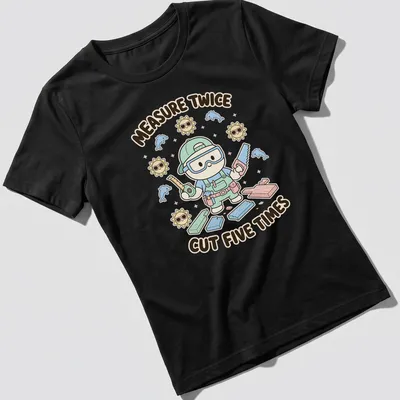 Cute kawaii carpenter character with pastel colors and humorous text — printed on a women's shirt