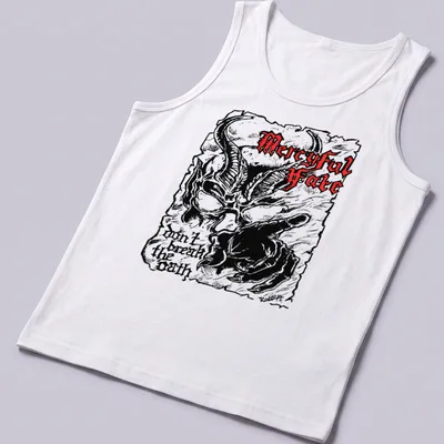 Demonic figure with horns and text on a black, red, and white design — printed on a tank top
