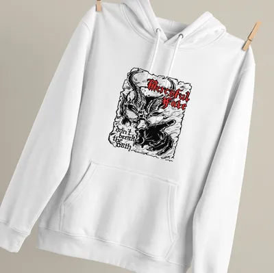 Demonic figure with horns and text on a black, red, and white design — printed on a unisex hoodie