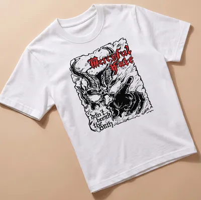 Demonic figure with horns and text on a black, red, and white design