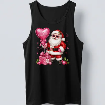 Cute Santa Claus holding a love balloon with Christmas text above. — printed on a tank top