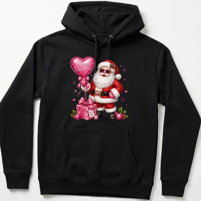 Cute Santa Claus holding a love balloon with Christmas text above. — printed on a unisex hoodie