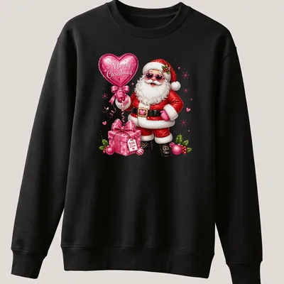 Cute Santa Claus holding a love balloon with Christmas text above. — printed on a unisex sweatshirt
