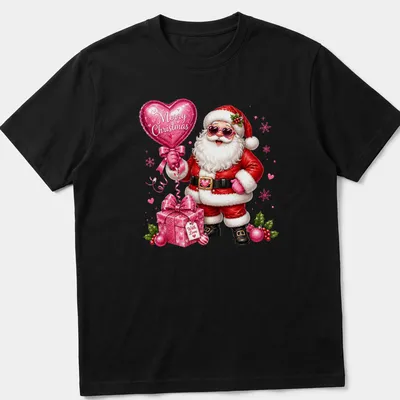 Cute Santa Claus holding a love balloon with Christmas text above.