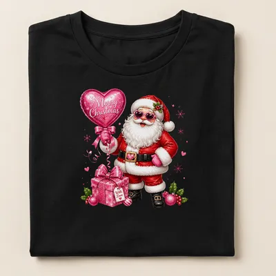 Cute Santa Claus holding a love balloon with Christmas text above. — printed on a women's shirt