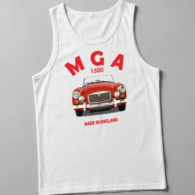 Bold graphic of a classic red MG car with MGA 1500 text — printed on a tank top