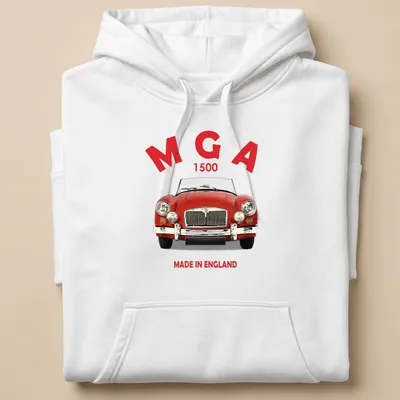 Bold graphic of a classic red MG car with MGA 1500 text — printed on a unisex hoodie