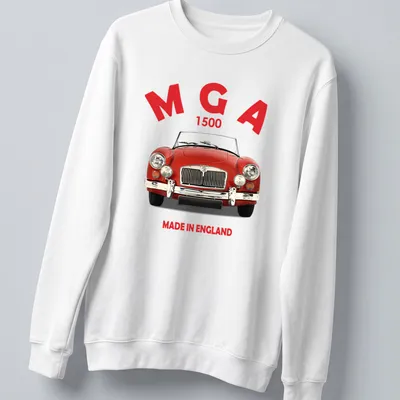 Bold graphic of a classic red MG car with MGA 1500 text — printed on a unisex sweatshirt
