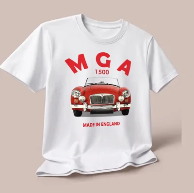 Bold graphic of a classic red MG car with MGA 1500 text — printed on a unisex t-shirt (angled view)