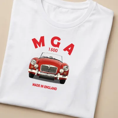 Bold graphic of a classic red MG car with MGA 1500 text — printed on a women's shirt
